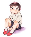  1boy alternate_costume brown_eyes brown_hair child looking_at_viewer male_focus mosodon osomatsu-kun osomatsu_(osomatsu-kun) red_shoes shirt shoes shorts simple_background sitting socks solo t-shirt white_background 