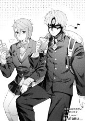  1boy 1girl backpack bag bow bowtie bubble_tea buttons closed_mouth collared_shirt cup dandadan disposable_cup drinking_straw enjoji_jin evil_eye_(dandadan) feet_out_of_frame gakuran greyscale hair_between_eyes highres holding holding_cup jacket kami_high_school_uniform kneehighs long_sleeves miniskirt monochrome musical_note pants pleated_skirt possessed puff_of_air school_uniform shiratori_aira_(dandadan) shirt short_hair single_sidelock skirt socks sweater_vest third_eye tutamu twitter_username 