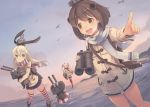  3girls amatsukaze_(kantai_collection) binoculars coat commentary_request hair_ribbon jpeg_artifacts kantai_collection multiple_girls nanashina pointing rensouhou-chan rensouhou-kun ribbon scarf shimakaze_(kantai_collection) skirt striped striped_legwear thigh-highs yukikaze_(kantai_collection) 