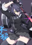  1girl ara_taro checkered_necktie eyepatch fingerless_gloves gloves headgear kantai_collection looking_at_viewer machinery necktie parted_lips purple_hair short_hair solo sword tenryuu_(kantai_collection) thigh-highs turret weapon yellow_eyes 