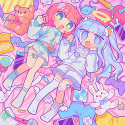  2girls :3 :d @_@ asymmetrical_legwear bag_of_chips bandaid bandaid_on_cheek bandaid_on_face bandaid_on_knee bandaid_on_leg blue_eyes blue_hair blunt_bangs blush candy carrot_hair_ornament cd cellphone commentary_request controller food food-themed_hair_ornament frilled_shorts frills full_body game_controller green_eyes hair_ornament halo heart heart-shaped_pupils highres holding_hands jacket lollipop long_hair long_sleeves looking_at_viewer melting_halo microphone multiple_girls navel one_side_up open_mouth original phone red_hair ribbed_socks richard_(richaball) short_hair shorts single_sock single_thighhigh smile socks stuffed_animal stuffed_rabbit stuffed_toy sweat swirl_lollipop symbol-shaped_pupils teddy_bear thigh-highs thigh_strap uneven_legwear white_jacket white_shorts white_socks yellow_halo yume_kawaii 