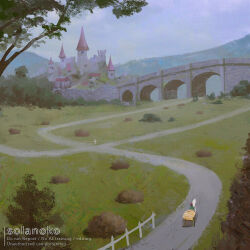  1other artist_name bridge building castle fence grass horse medieval original outdoors overcast path scenery signpost sky solanoko tree wooden_fence 