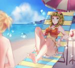  1boy 1girl :o ahoge armpits bangs bare_back bare_legs barefoot beach beach_umbrella blonde_hair blue_sky blurry cocktail collar collared_shirt deck_chair depth_of_field drink drinking_straw elbow_gloves frilled_skirt frills glass gloves goggles goggles_on_head green_eyes green_hair gumi highres horizon hurricane_glass kagamine_len knees_up lying miniskirt ocean on_back orange_panties orange_skirt orange_vest outdoors panties pantyshot pantyshot_(sitting) parted_lips ponytail qingshui_ai reclining sand shirt shirtless short_hair sitting skirt sky sleeveless sleeveless_shirt soap_bubbles soles solo_focus table underwear vocaloid water wrist_cuffs yellow_shirt 