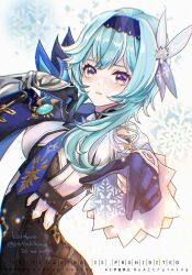  1girl absurdres arched_back black_gloves black_hairband blue_hair blue_necktie breasts chest_harness chromatic_aberration clothing_cutout eula_(genshin_impact) from_side genshin_impact gloves hair_ornament hairband harness high-waist_shorts highres karakusa_(ototsukiharu) large_breasts looking_at_viewer medium_hair necktie parted_lips pointing pointing_at_viewer reaching reaching_towards_viewer shorts shoulder_cutout snowflakes solo violet_eyes vision_(genshin_impact) watermark watermark_grid white_background wide_sleeves 