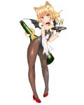  1girl alcohol animal_ears bare_shoulders bat_wings bell black_gloves black_legwear blonde_hair blush cat_ears cat_tail champagne choker cloth collarbone cork drink fujidouyuu full_body glass gloves hand_on_own_chest head_tilt high_heels highres holding jingle_bell leotard looking_at_viewer original pantyhose red_shoes shoes short_hair slit_pupils smile solo tail tail_hold tray wings wrist_cuffs yellow_eyes 