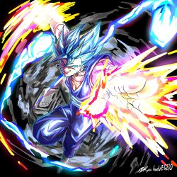  1boy arm_blade aura black_background blue_eyes blue_hair blue_pants blue_shirt boots dragon_ball dragon_ball_super earrings full_body gloves highres jewelry male_focus medium_hair muscular muscular_male orange_shirt pants potara_earrings ryo_lovevegito shirt smirk solo spiky_hair super_saiyan super_saiyan_blue vegetto weapon white_boots white_gloves 