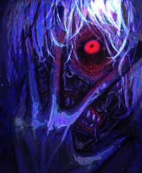  1boy black_mask black_nails black_sclera blood blood_from_eyes blue_theme colored_sclera crazy_eyes diyokama fingernails gums hand_on_own_face hashtag-only_commentary highres kaneki_ken limited_palette long_bangs long_fingernails looking_up male_focus mask portrait red_eyes short_hair solo teeth tokyo_ghoul white_hair zipper_pull_tab 