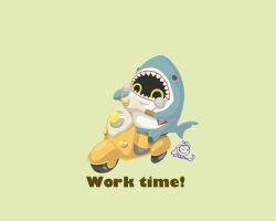  1other absurdres animal_costume artist_name bangboo_(zenless_zone_zero) commentary_request english_text from_side green_background highres motor_vehicle no_humans nyantan_3 riding riding_scooter scooter shark_costume sharkboo_(zenless_zone_zero) sharp_teeth sitting teeth zenless_zone_zero 
