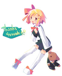  1boy 1girl :d archived_source arm_at_side asami_natsuhito black_dress black_shorts black_sleeves black_suit blonde_hair blush boots bow bowtie closed_mouth doll dress english_commentary hair_bow hair_ornament hairclip hand_on_own_chest happy holding holding_doll lapels looking_at_viewer milestone_celebration mr._smith notched_lapels open_mouth original red_bow red_bowtie red_eyes shirt short_hair shorts simple_background sleeve_cuffs smile solid_eyes sophy speech_bubble suit thank_you thigh_boots undershirt white_background white_boots white_shirt white_sleeves wing_collar 