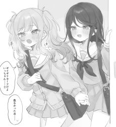  2girls bag blush breath commentary dot_nose greyscale heavy_breathing highres hoshino_ichika_(project_sekai) long_hair long_sleeves miyamasuzaka_girls&#039;_academy_school_uniform monochrome mu_ri003 multiple_girls neckerchief open_mouth pleated_skirt project_sekai sailor_collar school_bag school_uniform serafuku shoulder_bag skirt speech_bubble sweat tenma_saki translated twintails 