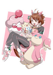  1girl ahoge animal_ears audino black_leggings black_shrug blue_eyes blue_sclera blush breasts brown_eyes brown_hair checkered_ribbon closed_eyes closed_mouth colored_sclera dantsu_flame_(center_spotlight)_(umamusume) dantsu_flame_(umamusume) ear_covers ear_ornament ear_ribbon hair_between_eyes hairband holding holding_pokemon horse_ears horse_girl horse_tail large_breasts leggings leggings_under_shorts multicolored_hair notched_ear open_mouth pink_eyes pink_hairband pink_shirt pink_shorts pokemon pokemon_(creature) shirt shoes shorts shrug_(clothing) slurpuff smile tail teeth tied_shirt togepi tongue tongue_out umamusume upper_teeth_only white_hair white_shirt yamawasabi_umai 