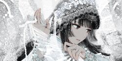  1girl absurdres black_eyes black_hair blunt_bangs commentary dress expressionless eyelashes flower flower_hairband folding_fan frilled_wrist_cuffs frills hair_flower hair_ornament hand_fan highres holding holding_fan jewelry kazari_tayu lace lace-trimmed_fan lace_ribbon lace_veil long_hair looking_to_the_side original parted_lips portrait ring sidelocks solo straight_hair veil wedding_ring white_dress white_flower white_theme white_veil wrist_cuffs 