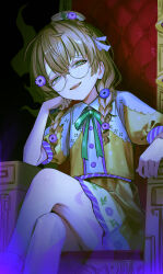  1girl black_background braid brown_hair collared_dress crossed_legs dark dress elbow_rest feet_out_of_frame floral_print floral_print_dress flower glasses green_eyes green_ribbon grey-framed_eyewear hair_flower hair_ornament hair_over_shoulder half-closed_eyes half_crown_braid hand_on_own_cheek hand_on_own_face hat head_rest head_tilt highres long_hair looking_at_viewer low_twin_braids mini_hat neck_ribbon nijisanji parted_lips polka_dot polka_dot_dress print_dress puffy_short_sleeves puffy_sleeves purple_flower ribbon round_eyewear seikatsu short_dress short_sleeves single_hair_intake sitting solo sweatdrop throne tilted_headwear twin_braids virtual_youtuber white_ribbon yaguruma_rine yellow_dress 