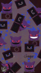  colored_sclera film_strip gengar ghost grin highres looking_at_viewer meme_(sleepsheep) no_humans open_mouth pokemon pokemon_(creature) pokemon_focus red_eyes red_sclera smile teeth 
