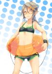  1girl bare_shoulders bikini blush fu-ta glasses hair_ornament hairclip innertube looking_at_viewer lowleg lowleg_bikini midriff navel original polka_dot polka_dot_background silver_hair small_breasts solo swimsuit yellow_eyes 