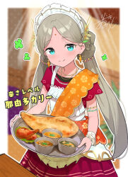  1girl absurdres apron aqua_eyes armlet bindi blue_eyes blurry blurry_background blush bowl braid closed_mouth dress earrings facial_mark food forehead_mark grey_hair heaven_burns_red highres holding holding_tray indoors jewelry long_hair looking_at_viewer low_twintails necklace parted_bangs plate red_dress rinki_oohen short_sleeves smile solo soup tray twintails very_long_hair vritika_balakrishnan white_apron wrist_cuffs 