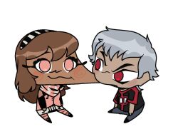  1boy 1girl albedo_(ben_10) ben_10 ben_10:_omniverse black_shirt black_shoes brown_hair charlene_bojarski_foxwell cheek_bite cheek_biting chibi cute fishhstickz oc_x_canon pale_skin pale_skinned_male pink_eyes pink_top red_eyes red_shirt silver_hair striped_headband striped_headwear striped_scarf striped_thighhighs tan_skin white_skirt 