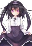  1girl absurdres amano_kouki black_hair highres long_hair looking_at_viewer note-chan original simple_background skirt_hold smile solo twintails very_long_hair violet_eyes virgin_killer_outfit white_background 