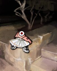  1boy absurdres alternate_form banknote cyclops highres jujutsu_kaisen money mouth_hold one-eyed photo-referenced red_eyes ringed_eyes ryoumen_sukuna_(jujutsu_kaisen) ryoumen_sukuna_(true_form)_(jujutsu_kaisen) shoes sneakers solo teeth thejesscode 