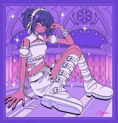  1girl belt boots border bright_pupils clenched_hand closed_mouth commentary cross cross_tattoo dark dark-skinned_female dark_skin detached_sleeves frilled_headwear frilled_shirt_collar frilled_shorts frilled_sleeves frills full_body hair_between_eyes hand_on_own_head hand_rest highres jewelry knee_boots knees_together_feet_apart looking_at_viewer nakazawa_ayami original purple_border purple_hair purple_nails ribbon ring shirt short_twintails shorts sitting solo symbol-only_commentary tattoo twintails violet_eyes white_belt white_boots white_headdress white_pupils white_ribbon white_shirt white_shorts 