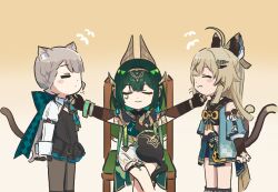  3girls animal_ears ashru_(genshin_impact) black_cat black_gloves brown_hair cat cat_ears cat_girl cat_tail chair closed_eyes closed_mouth dress feral_instincts genshin_impact gloves green_eyes green_hair grey_hair happy highres japanese_clothes kirara_(genshin_impact) long_hair long_sleeves looking_at_another lynette_(genshin_impact) multiple_girls nefer_(genshin_impact) nekomata on_chair pantyhose petting short_hair sitting smile standing tail violet_eyes xinzoruo 