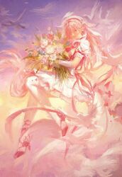  1girl ayers58186 beret bird bouquet commentary dove dress earrings elf elysia_(hi_love_elf)_(honkai_impact) elysia_(honkai_impact) floating hat heart heart_earrings high_heels highres holding holding_bouquet honkai_(series) honkai_impact_3rd jewelry long_hair outdoors pink_hair pointy_ears purple_sky sky smile solo symbol-only_commentary thigh-highs very_long_hair white_dress white_thighhighs 