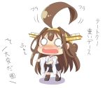  1girl ahoge blush brown_hair check_translation chibi detached_sleeves double_bun hairband headgear huge_ahoge kantai_collection kongou_(kantai_collection) long_hair no_nose nontraditional_miko open_mouth shigure_ryuunosuke simple_background skirt solid_circle_eyes solo tears thigh-highs translation_request white_background 
