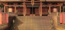  architecture banner box buddhism donation_box east_asian_architecture game_cg jizou lantern myouren_temple no_humans non-web_source official_art outdoors rope scenery stairs statue temple touhou touhou_gensou_eclipse translation_request twilight 