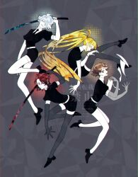  1girl 3boys black_necktie black_shirt black_shoes black_shorts black_thighhighs blonde_hair blue_eyes blunt_bangs brown_eyes brown_hair clipboard closed_mouth collared_shirt elbow_gloves floating full_body gem_uniform_(houseki_no_kuni) gloves grey_background grey_gloves hair_over_one_eye highres holding holding_clipboard holding_sword holding_weapon lin_ling_(to_be_hero_x) long_hair medium_hair moon_(to_be_hero_x) multicolored_hair multiple_boys necktie nice_(to_be_hero_x) omizu000_000 parted_lips ponytail puffy_short_sleeves puffy_sleeves shirt shoes short_hair short_sleeves shorts smile streaked_hair swept_bangs sword thigh-highs to_be_hero to_be_hero_x weapon white_gloves white_hair white_shirt white_thighhighs white_trim wreck_(to_be_hero_x) yellow_eyes 