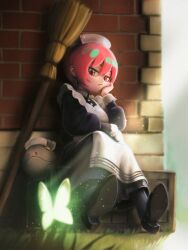  1girl alternate_costume amate_yuzuriha apron aqua_eyes black_dress black_pantyhose black_shoes block_heels box brick_wall broom bug butterfly closed_mouth commentary_request dress enmaided glowing_butterfly grass green_butterfly gundam gundam_gquuuuuux hair_between_eyes hand_on_own_cheek hand_on_own_face haro head_rest highres light_particles long_dress maid maid_apron maid_headdress multicolored_eyes nekoita non-humanoid_robot on_box outdoors pantyhose red_eyes robot shoes short_hair sitting sunlight two-tone_eyes white_apron wooden_box 