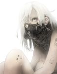  1girl akakitsu android gas_mask grey_eyes knees_together knees_up long_hair looking_to_the_side simple_background tattoo white_hair 