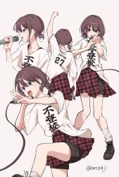  1girl absurdres black_nails black_shorts blue_eyes brown_hair girls_band_cry hair_ornament highres iseri_nina kuji_(orca9ji) low_twintails multiple_views open_mouth plaid_clothes plaid_skirt pleated_skirt red_skirt shikai_no_sumi_kuchiru_oto shirt short_hair short_twintails shorts shorts_under_skirt simple_background skirt twintails twitter_username unmoving_pattern white_background white_shirt x_hair_ornament 