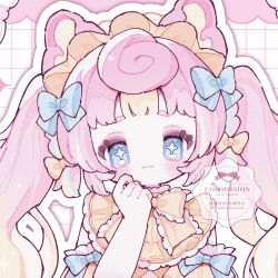  +_+ 1girl :3 artist_name blue_bow blue_eyes blunt_bangs blush bow bowtie closed_mouth commentary commission hair_bow hairband hand_up highres long_hair looking_at_viewer multicolored_hair orange_bow orange_bowtie orange_hairband orange_shirt original outline pink_hair portrait shirt smile solo thick_eyebrows twintails two-tone_hair upache watermark white_background white_outline 