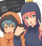  3boys aqua_eyes aqua_hair blue_hair blush coat cosplay craig_tucker craig_tucker_(cosplay) dated gloves happy_birthday hat holding_hands hood inazuma_eleven inazuma_eleven_(series) inazuma_eleven_go kariya_masaki kenny_mccormick kenny_mccormick_(cosplay) kirino_ranmaru long_hair male_focus multiple_boys open_mouth pikara pink_hair south_park sweatdrop twintails v yellow_eyes 