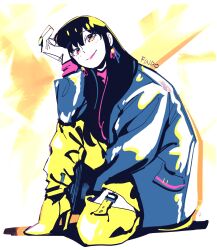  1girl absurdres artist_name baggy_clothes black_hair blue_coat boots brown_eyes closed_mouth coat earrings findoworld full_body garter_straps hair_between_eyes head_on_hand high_heel_boots high_heels highres jewelry light_blush long_hair looking_at_viewer on_one_knee pink_lips pink_shirt shirt sidelocks sketch skirt smile solo spy_x_family thigh_boots yellow_boots yellow_skirt yor_briar 