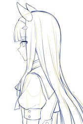  1girl animal_ears closed_mouth from_side hairband horse_ears long_hair mauve profile puffy_short_sleeves puffy_sleeves shirt short_sleeves silence_suzuka_(umamusume) simple_background sketch smile solo umamusume upper_body very_long_hair white_background 