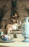  1girl 3d bench blue_eyes breasts brown_hair crossed_legs goblet greaves hieroglyphics highres kingdom_under_fire long_hair midriff original plate ryanreos sitting solo statue vase 