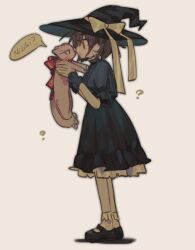  1girl :d ? akiyama_mizuki animal animalization ankle_socks black_dress black_hat black_shoes bow brown_background brown_eyes brown_hair cat commentary dress film_grain frilled_sleeves frilled_socks frills from_side hair_bow hat hat_bow highres holding holding_animal holding_cat large_hat looking_at_animal luwwakk mary_janes medium_dress open_mouth petticoat pink_cat profile project_sekai puffy_short_sleeves puffy_sleeves red_bow shadow shinonome_ena shoes short_hair short_sleeves simple_background smile socks speech_bubble standing symbol-only_commentary white_bow white_socks witch_hat 