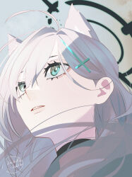  1girl animal_ears artist_name black_choker black_halo blue_archive blue_eyes broken_halo choker commentary_request hair_ornament halo highres long_hair looking_ahead parted_lips portrait shiroko_terror_(blue_archive) solo twitter_username white_hair wolf_ears wolf_girl x_hair_ornament zunda_kaku 