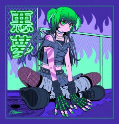  1girl arm_tattoo bat_wings belt black_belt black_boots black_gloves boots border chain chain-link_fence chain_necklace closed_mouth collar commentary fence fingerless_gloves fishnet_pantyhose fishnets frilled_sleeves frills full_body gloves gradient_hair green_eyes green_hair green_nails grey_leg_warmers grey_shirt grey_skirt grey_wings highres indian_style jewelry leg_warmers looking_ahead multicolored_hair nakazawa_ayami necklace on_ground original pantyhose purple_border shirt sitting skirt solo spiked_collar spikes symbol-only_commentary tattoo wings 