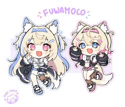  2girls :d animal_ear_fluff animal_ears bandaid bandaid_hair_ornament belt blonde_hair blue_eyes blue_hairband chibi dog_ears dog_girl dog_tail fake_horns frilled_shorts frills fuwawa_abyssgard fuwawa_abyssgard_(1st_costume) hair_between_eyes hair_ornament hairband headphones headphones_around_neck highres hololive hololive_english horn_hairband horns long_hair long_sleeves looking_at_viewer mococo_abyssgard mococo_abyssgard_(1st_costume) multicolored_hair multiple_girls open_mouth paw_pose pink_belt pink_eyes pink_hairband shibedraws short_hair shorts siblings simple_background sisters smile streaked_hair tail twins virtual_youtuber x_hair_ornament 