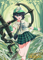  1girl :o alternate_costume anchor aqua_eyes bag black_hair chain english_text foot_out_of_frame green_shoes green_skirt hair_ornament hairclip hat highres holding holding_anchor looking_at_viewer murasa_minamitsu open_mouth plaid_clothes plaid_skirt sachisudesu shirt shoes short_hair short_sleeves shoulder_bag skirt socks solo splashing standing standing_on_one_leg t-shirt touhou tree water white_shirt white_socks 