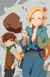 1boy 1girl :i ^_^ absurdres ahoge arm_up black_pants blonde_hair blue_dress blush book brown_eyes brown_hair brown_vest chicken_(food) chicken_leg chilchuck_tims closed_eyes closed_mouth commentary_request cowboy_shot dress dungeon_meshi eating elf food foot_up green_scarf grey_shirt halfling hand_in_pocket hand_on_own_cheek hand_on_own_face hands_up highres holding holding_food long_hair long_sleeves looking_at_another marcille_donato pants pointy_ears rokochandayo scarf scratching_head shirt short_hair standing straight_hair sweat twitter_username very_long_hair very_short_hair vest waist_bag 