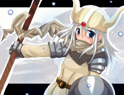  1girl 2000s_(style) armor blue_eyes blush chainmail commentary_request energy_ball fake_horns gauntlets grey_hair grey_scarf helmet holding holding_polearm holding_shield holding_weapon horned_helmet horns knight_(ragnarok_online) letterboxed long_hair long_sleeves looking_at_viewer outside_border pauldrons polearm ragnarok_online scarf shield shirt shoulder_armor solo spear tabako upper_body weapon white_shirt 