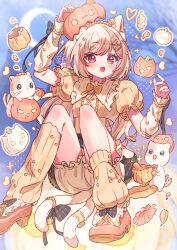  1girl :3 :d animal_ear_fluff animal_ears arm_up blonde_hair blue_background blush bow bowtie cat cat_ears cat_girl cat_tail commentary full_body hair_ornament hairclip halloween long_hair multicolored_hair multiple_tails open_mouth orange_bow orange_bowtie orange_shoes original parallel_hairclips pumpkin red_eyes red_streaks shirt shoes short_sleeves shorts sitting smile socks solo streaked_hair symbol-only_commentary tail tsukumi_bis two_tails watermark yellow_shirt yellow_shorts yellow_socks 