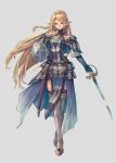  1girl belt blue_eyes braid buckler elf full_body grey_background highres kuroi_susumu long_hair looking_at_viewer official_art pointy_ears pouch sheath shield solo standing sword_world sword_world_2.5 thigh-highs very_long_hair 