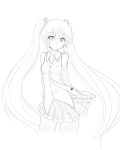  1girl arms_behind_back hatsune_miku highres kazenoko long_hair monochrome necktie simple_background skirt smile solo twintails very_long_hair vocaloid white_background 