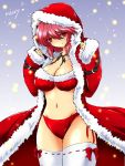  1girl bikini breasts christmas cleavage cloak fur_trim head_tilt heart hood large_breasts looking_at_viewer midriff navel nekominase pink_eyes pink_hair saigyouji_yuyuko short_hair side-tie_bikini smile solo swimsuit thigh-highs touhou white_legwear 