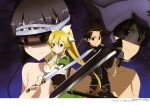  absurdres black_hair blonde_hair breasts cleavage green_eyes hair_ornament highres holding_sword holding_weapon katana kirigaya_suguha kirito kirito_(sao-alo) leafa long_hair pointy_ears ponytail short_hair spiky_hair sword sword_art_online vr_visor watanabe_ruriko weapon 