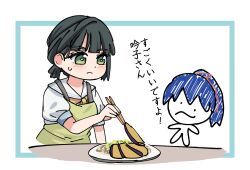  ._. 2girls black_hair blush chibi chibi_inset chopsticks commentary_request cooking dress eggplant eggplant_slice frown green_eyes hanamiya_nina_(style) hasu_no_sora_school_uniform highres holding holding_chopsticks holding_with_chopsticks link!_like!_love_live! love_live! low_ponytail momose_ginko multiple_girls murano_sayaka neckerchief ponytail puffy_short_sleeves puffy_sleeves sailor_collar sailor_dress school_uniform sen_yousoro short_hair short_sleeves single_sidelock summer_uniform sweatdrop translation_request virtual_youtuber white_dress white_sailor_collar yellow_neckerchief 